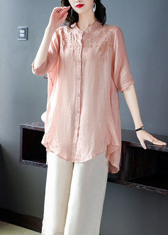 Classy Pink Stand Collar Embroideried Button Cotton Long Shirts And Pants Two Pieces Set Half Sleeve