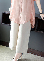 Classy Pink Stand Collar Embroideried Button Cotton Long Shirts And Pants Two Pieces Set Half Sleeve