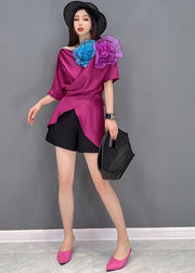 Classy Purple Red Asymmetrical Design Floral Silk Shirt Vestidos Short Sleeve