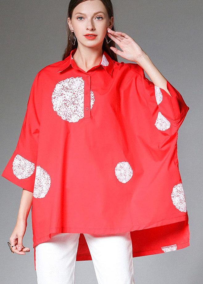 Classy Red Bat Wing Sleeve Dot low High Design Fall Cotton Shirt Tops - SooLinen