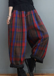 Classy Red Blue Plaid Cinched Fine Cotton Filled Pants Winter