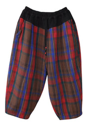 Classy Red Blue Plaid Cinched Fine Cotton Filled Pants Winter