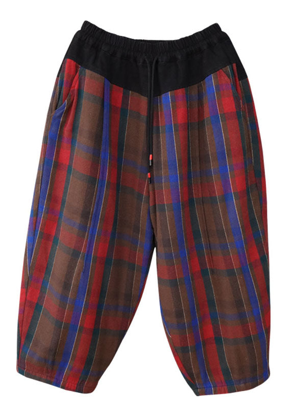 Classy Red Blue Plaid Cinched Fine Cotton Filled Pants Winter