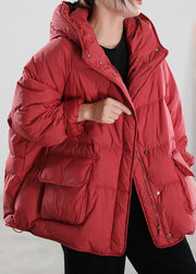 Classy Red Hooded Duck Down Puffer Coat Winter