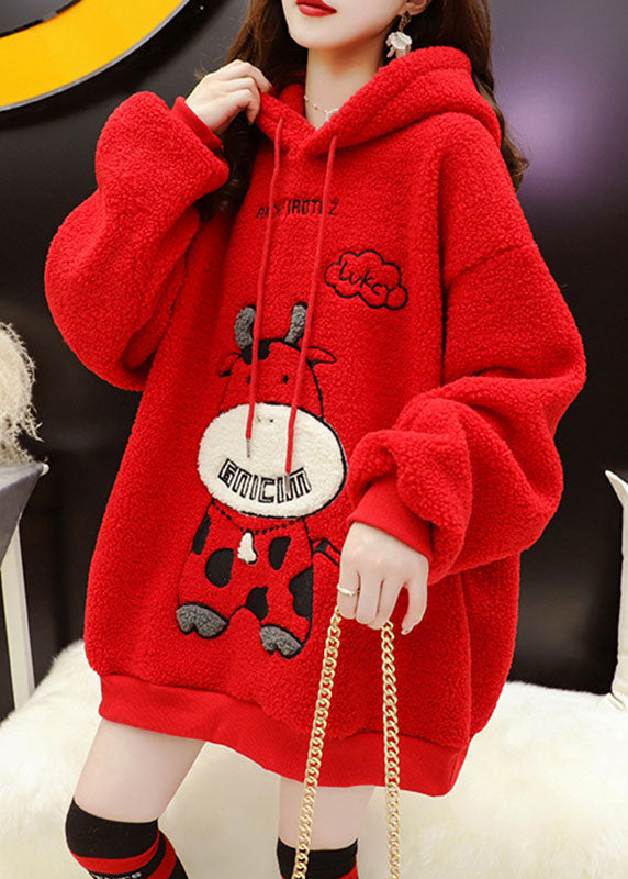 Classy Red Hooded Faux Fur Winter Sweatshirt