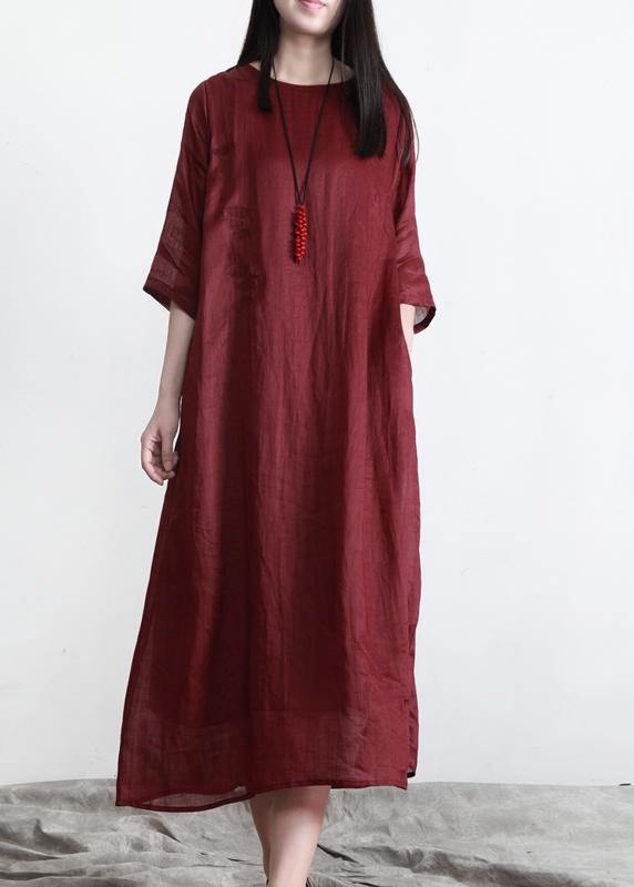 Classy Red O-Neck Linen Half Sleeve Summer Dresses - SooLinen