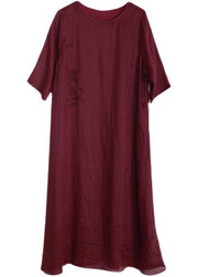 Classy Red O-Neck Linen Half Sleeve Summer Dresses - SooLinen