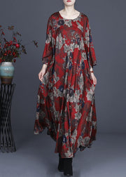 Classy Red Print Silk Cinched Summer Dress - SooLinen