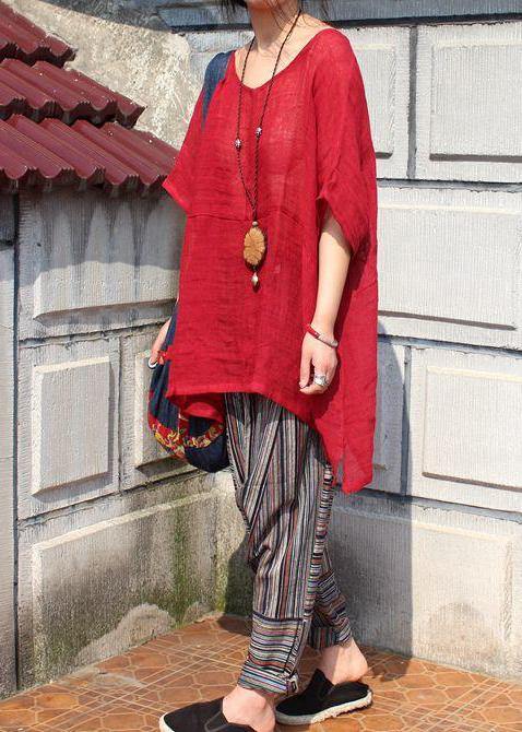 Classy Red U Neck Linen Summer Blouses - SooLinen