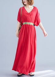 Classy Red V Neck Bow Summer Long Dresses Half Sleeve - SooLinen