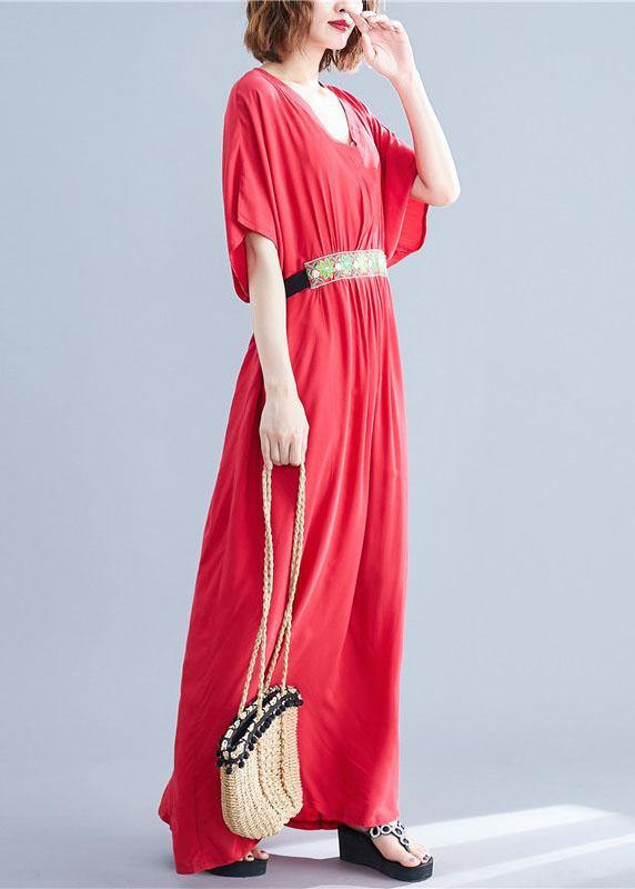 Classy Red V Neck Bow Summer Long Dresses Half Sleeve - SooLinen