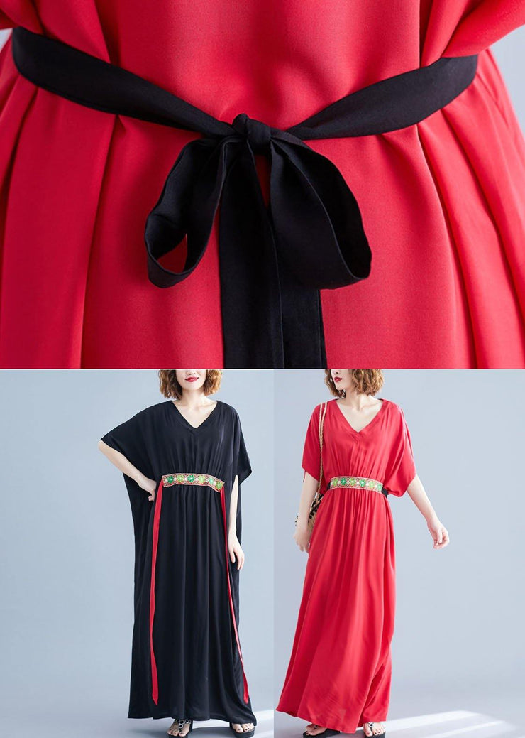 Classy Red V Neck Bow Summer Long Dresses Half Sleeve - SooLinen