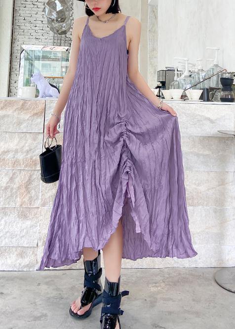 Classy Spaghetti Strap drawstring cotton summer dresses Runway purple A Line Dresses - SooLinen