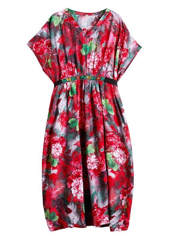 Classy V Neck Tie Waist Summer Tutorials Red Print Art Dress - SooLinen