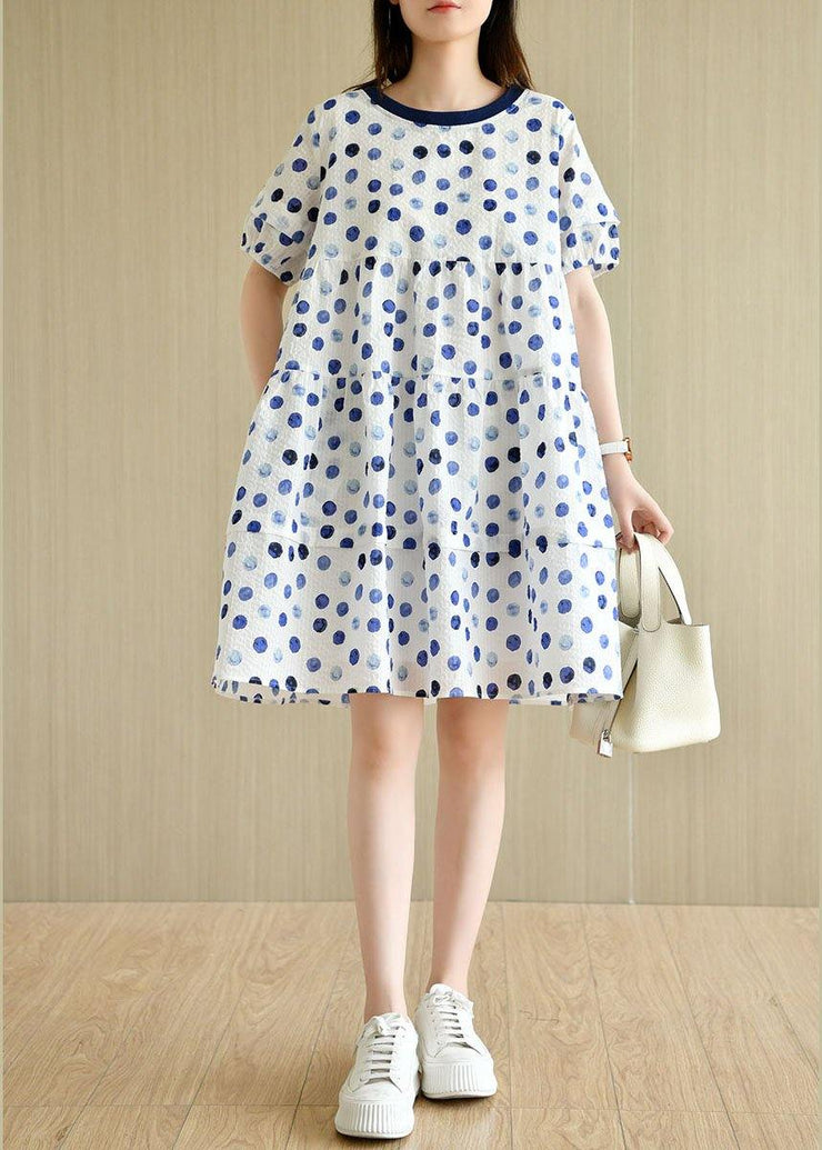 Classy White Dot Print Summer Cotton Dress Short Sleeve - SooLinen