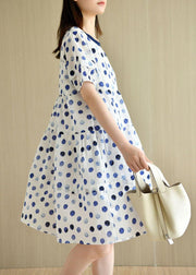 Classy White Dot Print Summer Cotton Dress Short Sleeve - SooLinen