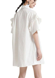 Classy White Ruffled Cinched Summer Asymmetrical Design Half Sleeve Dress - SooLinen