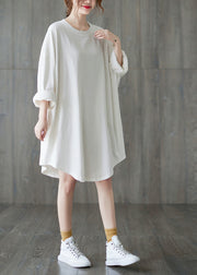 Classy White Solid O-Neck Loose A Line Dress Long Sleeve