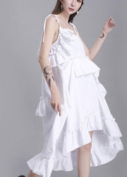 Classy White Summer asymmetrical design Cotton Spaghetti Strap Dress - SooLinen