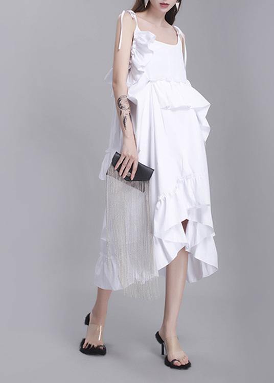 Classy White Summer asymmetrical design Cotton Spaghetti Strap Dress - SooLinen