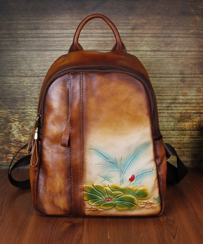 Classy Yellow Brown Embossing Paitings Calf Leather Backpack Bag