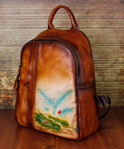 Classy Yellow Brown Embossing Paitings Calf Leather Backpack Bag