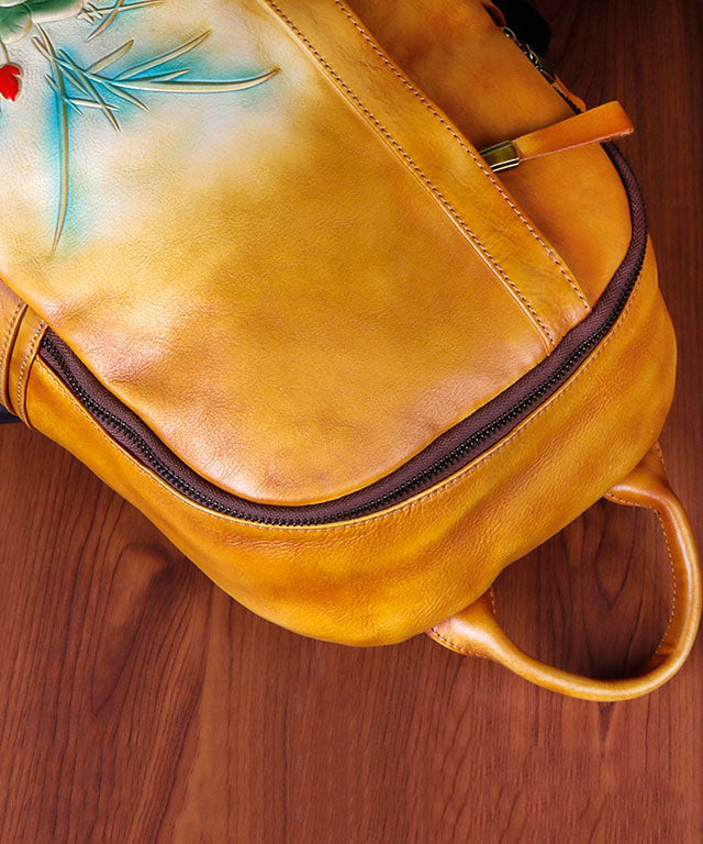 Classy Yellow Brown Embossing Paitings Calf Leather Backpack Bag