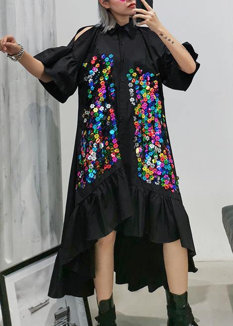 Classy black cotton tunic top lapel patchwork Kaftan summer Dresses - SooLinen