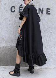 Classy black cotton tunic top lapel patchwork Kaftan summer Dresses - SooLinen