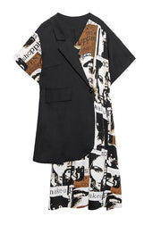 Classy black patchwork floral Cotton quilting dresses asymmetric short Dresses - SooLinen