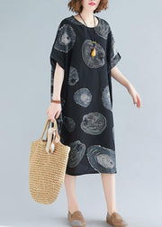 Classy black print Cotton clothes o neck baggy Knee summer Dresses - SooLinen