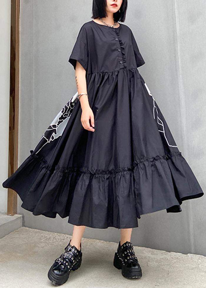 Classy black print cotton clothes o neck Cinched cotton robes summer Dresses - SooLinen