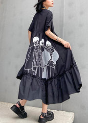 Classy black print cotton clothes o neck Cinched cotton robes summer Dresses - SooLinen