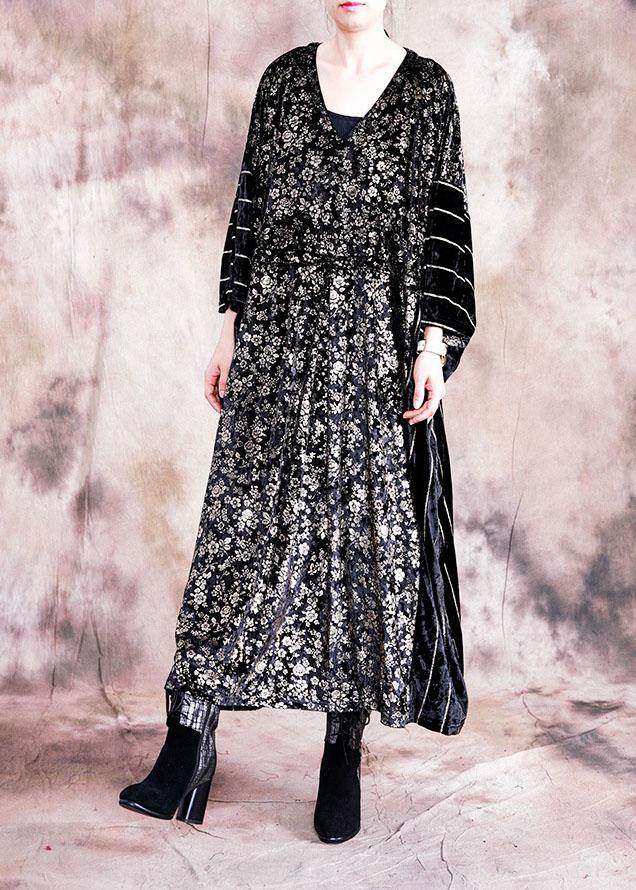 Classy black print quilting clothes o neck patchwork Robe fall Dress - SooLinen