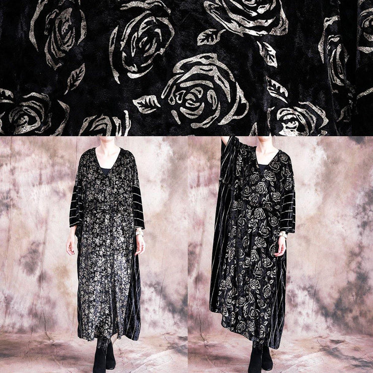 Classy black print quilting clothes o neck patchwork Robe fall Dress - SooLinen