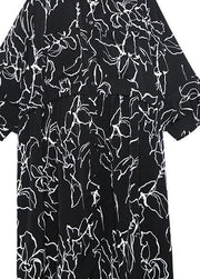 Classy black print silk Cotton dresses Tunic Tops Square Collar European Art Summer Dress - SooLinen