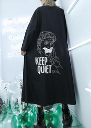 Classy black prints cotton blouses for women drawstring Dresses fall top - SooLinen