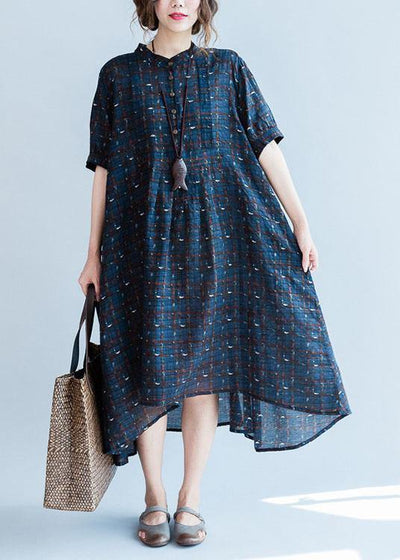 Classy blue plaid cotton dresses stand collar Plus Size summer Dress - SooLinen