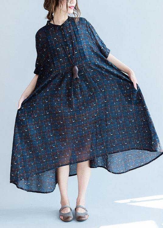 Classy blue plaid cotton dresses stand collar Plus Size summer Dress - SooLinen