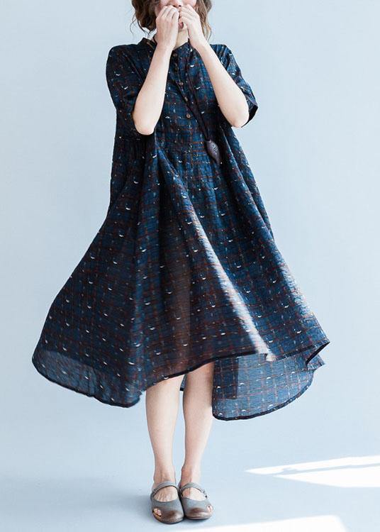 Classy blue plaid cotton dresses stand collar Plus Size summer Dress - SooLinen