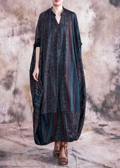 Classy blue print clothes v neck Batwing Sleeve Maxi fall Dresses - SooLinen