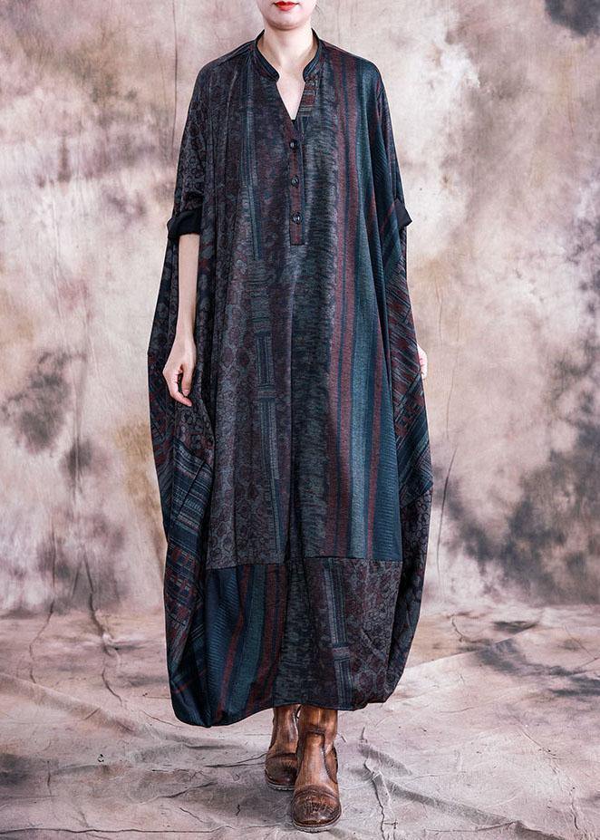 Classy blue print clothes v neck Batwing Sleeve Maxi fall Dresses - SooLinen