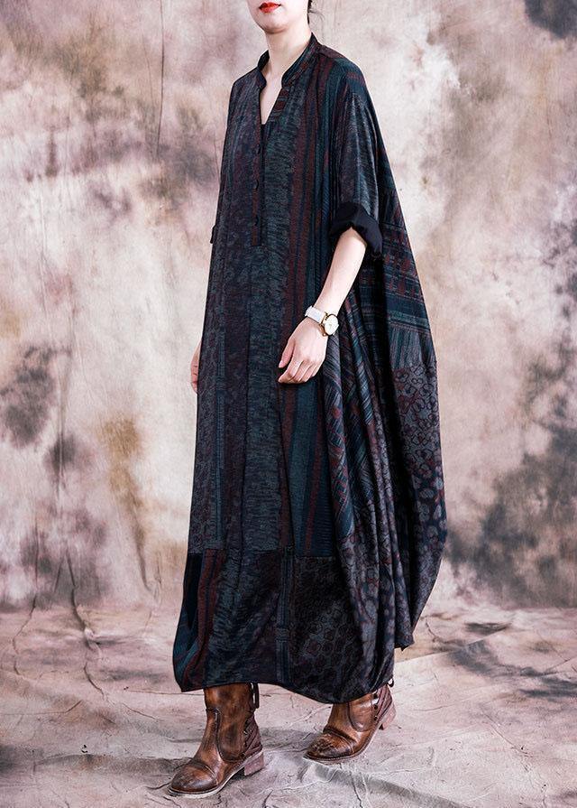 Classy blue print clothes v neck Batwing Sleeve Maxi fall Dresses - SooLinen