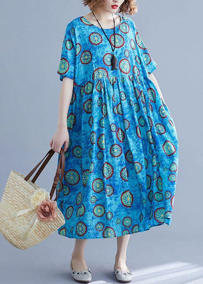 Classy blue print cotton dresses o neck pockets Kaftan summer Dresses - SooLinen