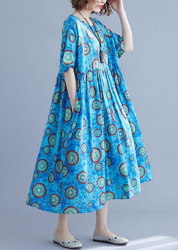 Classy blue print cotton dresses o neck pockets Kaftan summer Dresses - SooLinen