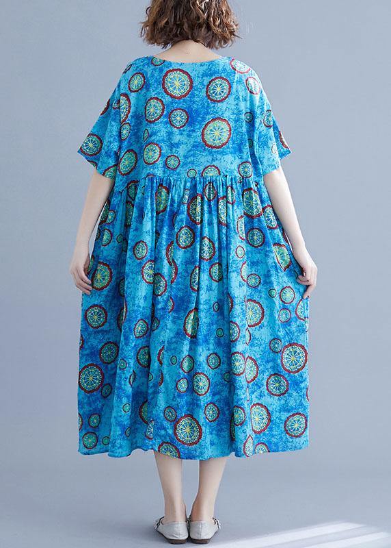 Classy blue print cotton dresses o neck pockets Kaftan summer Dresses - SooLinen