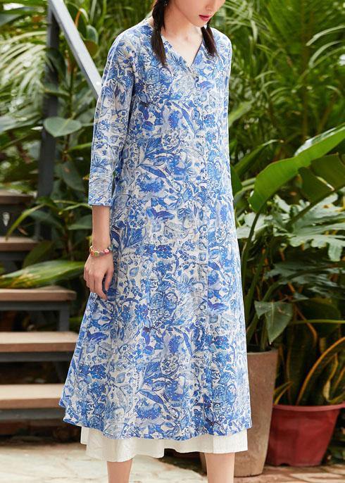 Classy blue print linen Long Shirts v neck tie waist oversized summer Dress - SooLinen