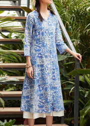 Classy blue print linen Long Shirts v neck tie waist oversized summer Dress - SooLinen