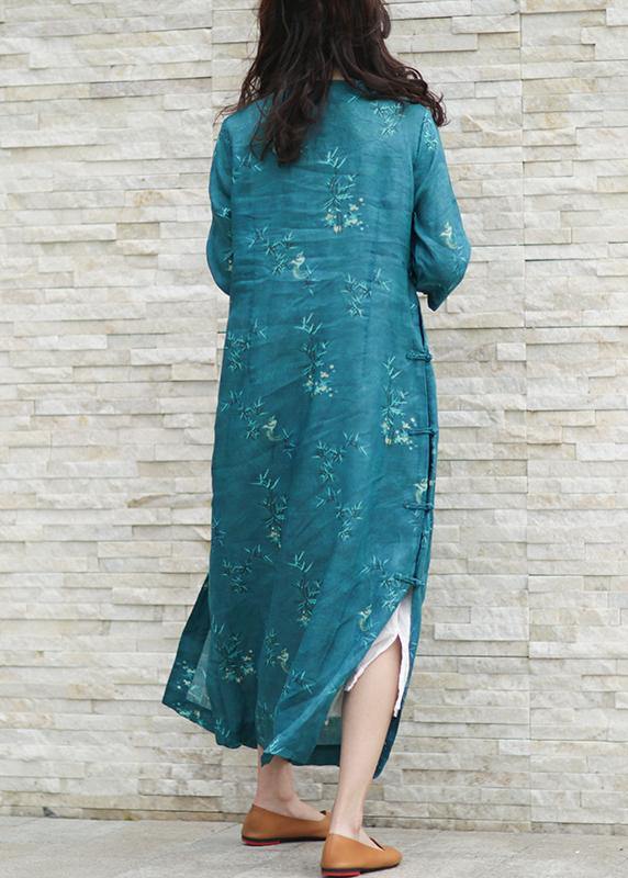 Classy blue print linen Wardrobes o neck half sleeve cotton summer Dress - SooLinen