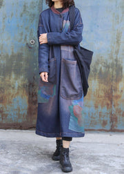 Classy blue prints Fashion trench coat Inspiration two big pockets thick coats - SooLinen